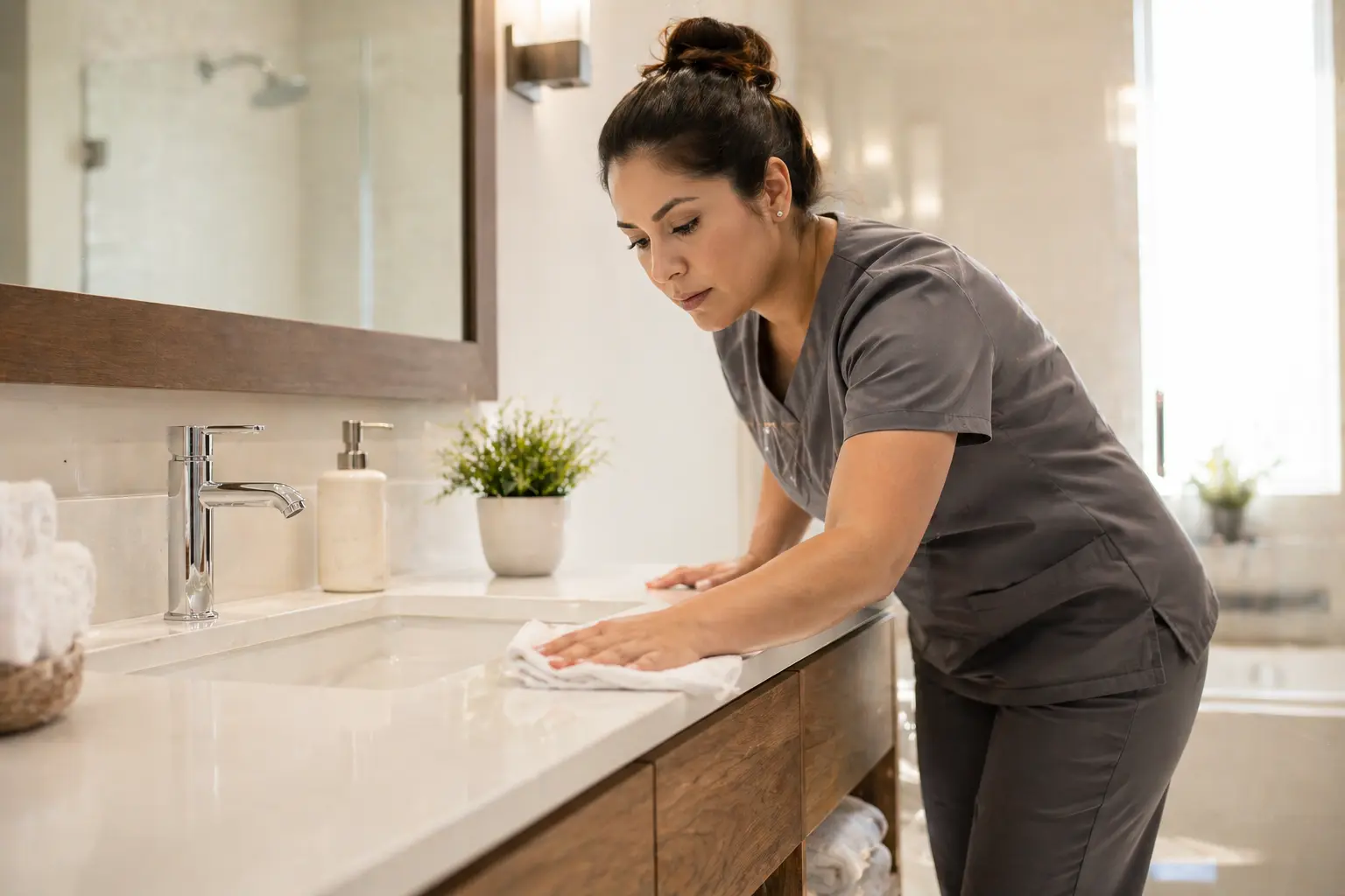 Professional detail-cleaning a bathroom sink during a deep clean in Alpharetta
