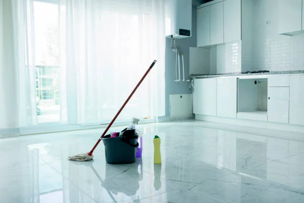 Alpharetta Cleaning Co. supplies set up in a client's kitchen at the start of a first clean